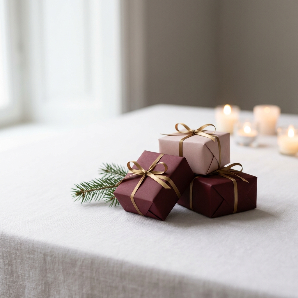 Three gift boxes wrapped in oxblood and blush paper with gold ribbon, a sprig of fir and candles on a linen table